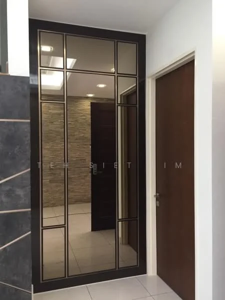 Room features: full-length mirror with black frame, wooden door, white painted walls, tile flooring, recessed ceiling lights, textured wall paneling, corner wall with grey tiles; style: modern.