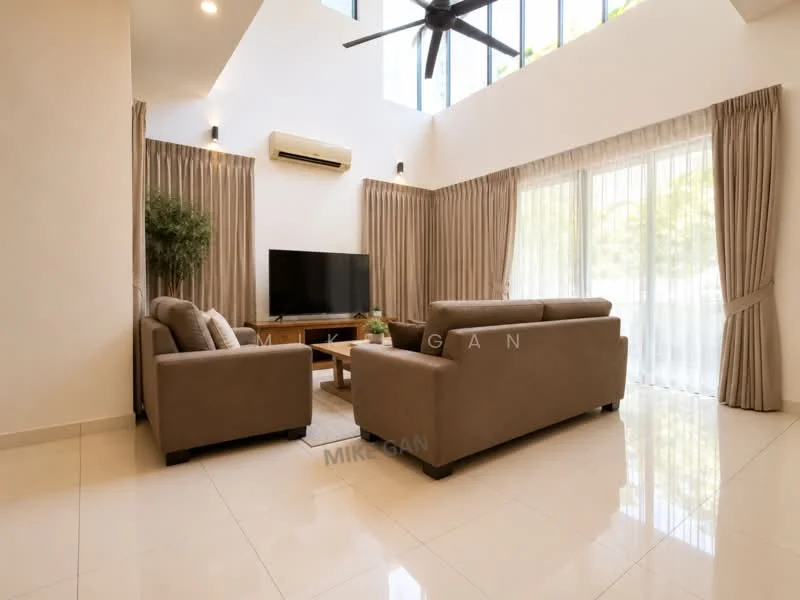Living features: 2-seater fabric sofa in beige, 3-seater fabric sofa in beige, coffee table, wall-mounted TV, floor-to-ceiling windows, sheer curtains, recessed downlights, 1 wall-mounted split AC, polished tile flooring, decorative plant in pot, light-coloured walls, ceiling fan with light; style: modern; view: garden.