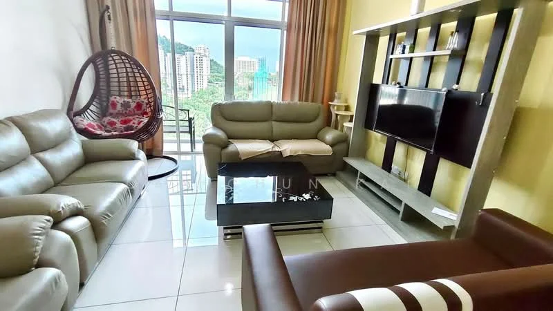 Living features: 3-seater leather sofa in light grey, 2-seater fabric sofa in beige, hanging rattan chair with cushion, coffee table with glass top, TV console with wall-mounted TV, decorative wall shelf, floor-to-ceiling windows, curtains in beige, white tiled flooring, decorative items on shelves; style: modern; view: city.
