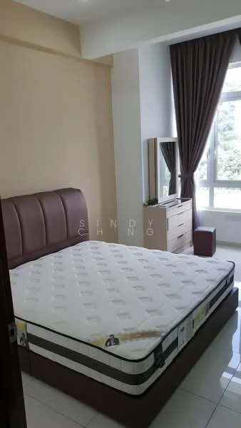 Bedroom features: queen-size bed, upholstered headboard in brown, white mattress, floor-to-ceiling window, brown curtains, wooden dresser, mirror on dresser, white tiled flooring, cream painted walls; style: modern; view: garden.