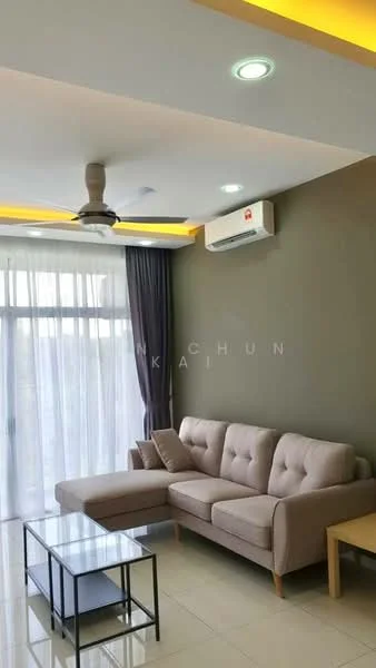 Living features: 3-seater fabric sofa in beige, coffee table with glass top, floor-to-ceiling windows, sheer curtains, wall-mounted split AC, 5-blade ceiling fan with light, recessed LED downlights, cream painted walls, glossy tile flooring, decorative ceiling with cove lighting; style: modern.