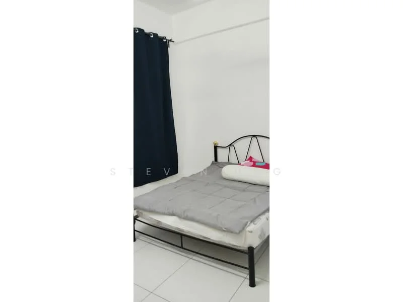 Bedroom features: metal bed frame, queen-size bed, grey bedding, black curtains, white walls, tiled flooring.
