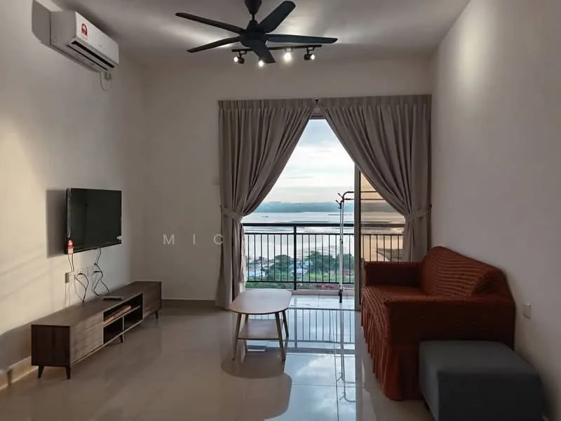 Living features: floor-to-ceiling windows, sliding glass door, curtains, 3-seater fabric sofa in orange, coffee table, TV console, wall-mounted TV, 1 wall-mounted split AC, recessed downlights, polished tile flooring; style: modern; view: sea.