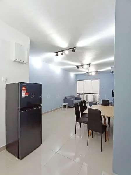 Living features: light grey painted walls, white ceiling, recessed LED downlights, track lighting, ceramic tile flooring, sofa in dark blue, dining table with light wood top, 4 black dining chairs, stainless-steel fridge, 1 wall-mounted split AC, floor-to-ceiling windows, balcony access; style: modern; view: city.