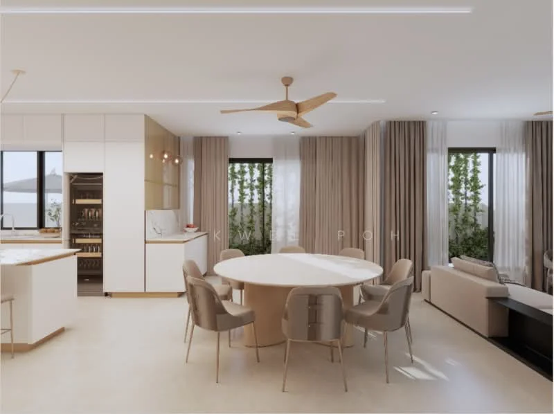 Dining features: round dining table, upholstered dining chairs, 5-blade ceiling fan with light, floor-to-ceiling windows, light wood cabinetry, white cabinetry, neutral wall colour, decorative indoor plants, recessed LED downlights, open layout, smooth concrete flooring, curtains, seating area with sofa; style: modern; view: garden.