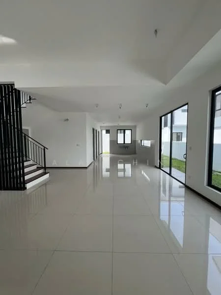 Room features: white painted walls, polished ceramic tile flooring, large floor-to-ceiling windows, sliding glass door, high ceiling, recessed downlights, staircase with wooden railing, open layout, natural light, view of outdoor space; style: modern; view: garden.