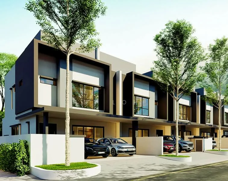 Exterior type: linked terrace house; features: modern facade with geometric design, two-storey structure, large windows, flat roof, manicured landscaping, driveway with parking spaces, surrounded by trees, white painted walls, dark accent panels, front garden area; style: modern.