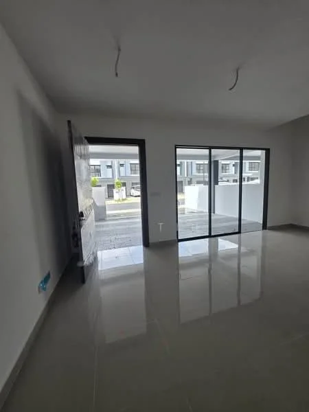 Room features: white painted walls, grey tiled flooring, floor-to-ceiling windows, double-door entrance, recessed ceiling lights, open layout, view of outdoor area; style: modern; view: garden.