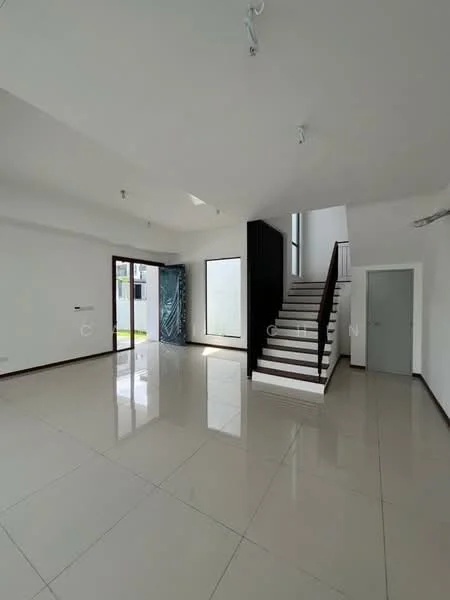 Living features: white painted walls, glossy tile flooring, large windows, double sliding glass door, staircase with wooden steps, skylight, recessed downlights, open layout; style: modern; view: garden.