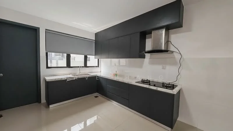 Kitchen features: black cabinetry, white marble countertop, stainless-steel range hood, 2-burner gas hob, single-bowl stainless-steel sink, window with roller blinds, light-colored tiled flooring, wall-mounted cabinets, open shelving, modern faucet; style: modern.