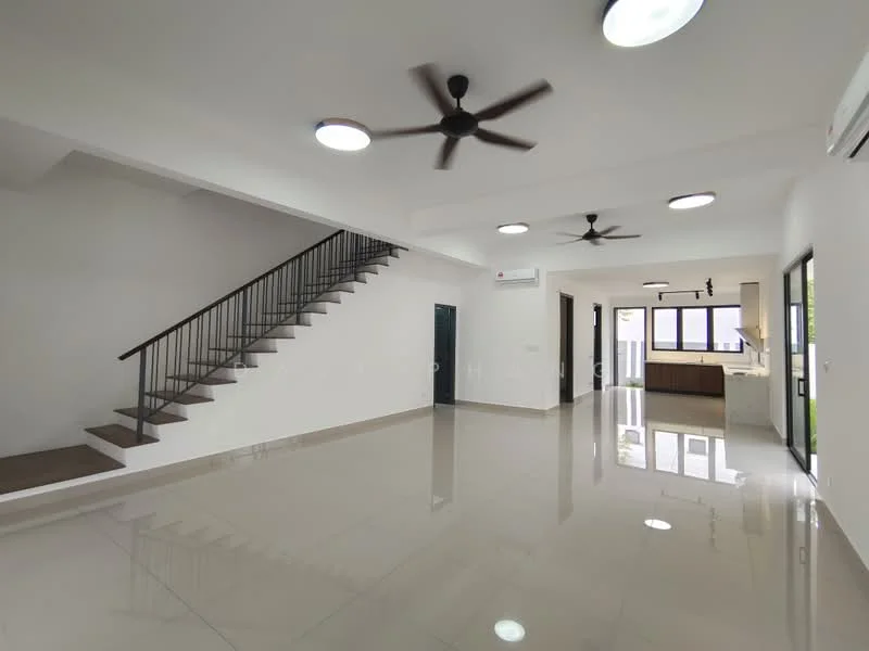 Living features: glossy tile flooring, white painted walls, recessed downlights, 2 ceiling fans, large windows, open layout, staircase with metal railing, air conditioning unit; style: modern; view: garden. Kitchen features: kitchen island, open layout to living area, cabinets, countertop; style: modern; view: garden.