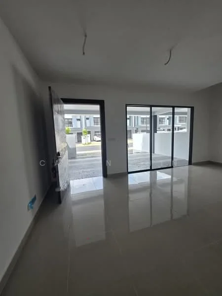 Room features: white painted walls, glossy tile flooring, sliding glass door, floor-to-ceiling windows, natural light, open layout, ceiling lights, doorway leading outside; style: modern.