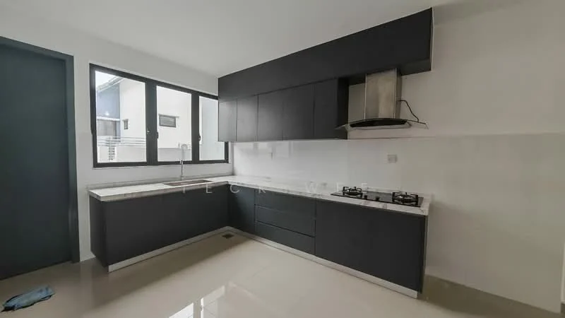 Kitchen features: black cabinetry, white marble countertop, stainless-steel range hood, 4-burner gas hob, single-bowl stainless-steel sink, white tiled backsplash, floor-to-ceiling windows, light-colored tile flooring; style: modern.