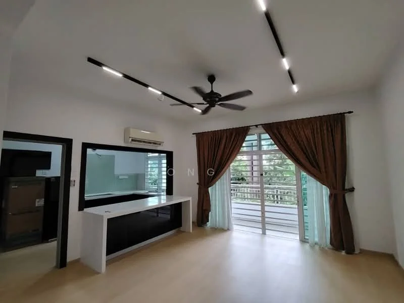 Living features: wooden flooring, white painted walls, ceiling fan with light, recessed LED downlights, large sliding glass door, curtains in brown, black console table, air conditioning unit; style: modern; view: garden.
