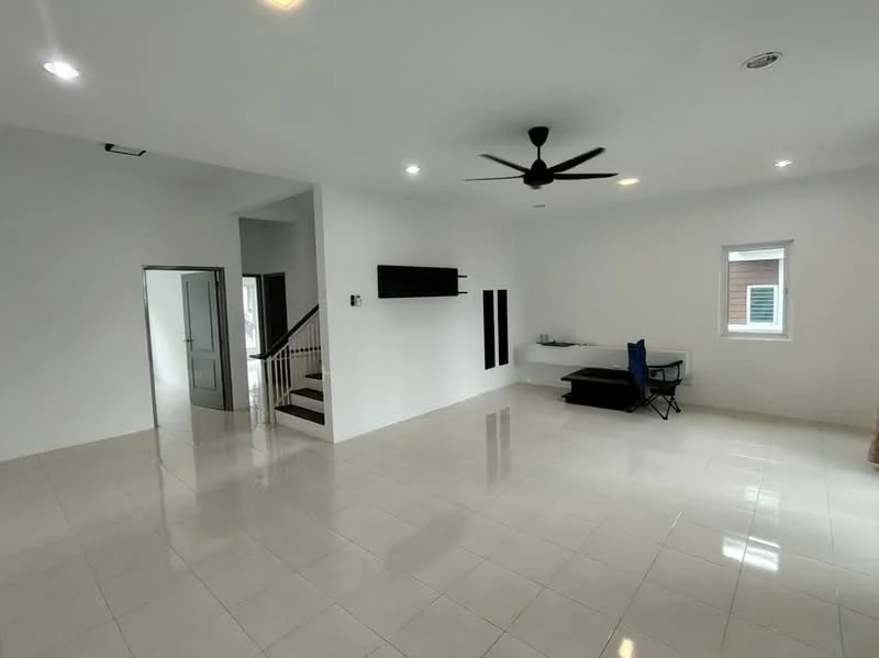 Living features: white painted walls, glossy ceramic tile flooring, 5-blade ceiling fan with light, recessed LED downlights, large windows with white frames, open layout, wall-mounted shelf, dining table with chairs, staircase leading to upper floor; style: modern.