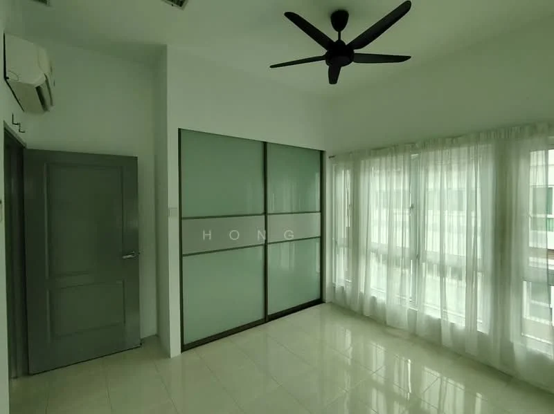 Room features: white painted walls, glossy tile flooring, 5-blade ceiling fan, floor-to-ceiling windows, sheer curtains, sliding glass door, built-in wardrobe with frosted glass panels, air conditioning unit; style: modern.