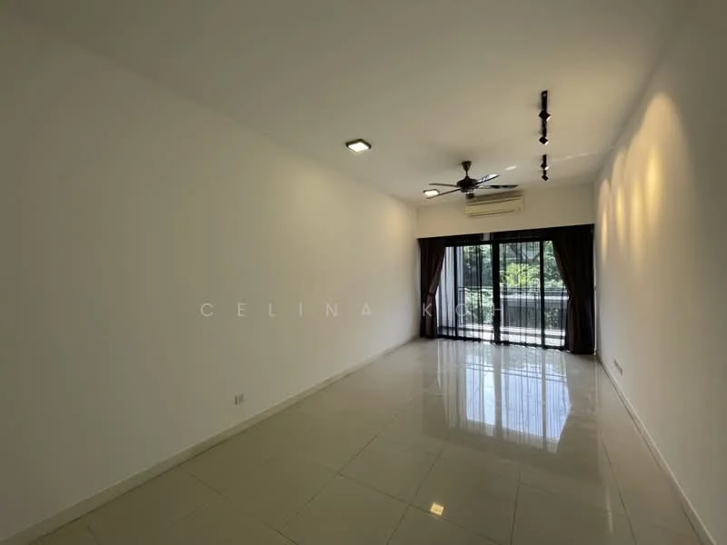 Living features: white painted walls, glossy tile flooring, 5-blade ceiling fan with light, recessed LED downlights, floor-to-ceiling windows, sliding glass door, blackout curtains, air conditioning unit; style: modern; view: garden.