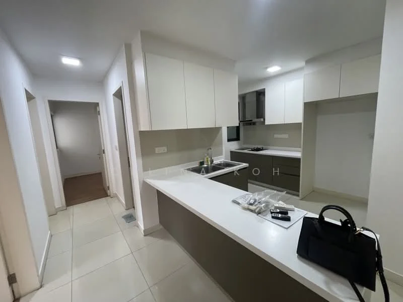 Kitchen features: white cabinetry, grey lower cabinets, white countertop, stainless-steel sink, chrome pull-down faucet, built-in oven, stainless-steel range hood, ceramic tile flooring, recessed LED downlights, open layout, kitchen island, wall-mounted microwave; style: modern. Hallway features: white painted walls, ceramic tile flooring, recessed LED downlights; style: modern.