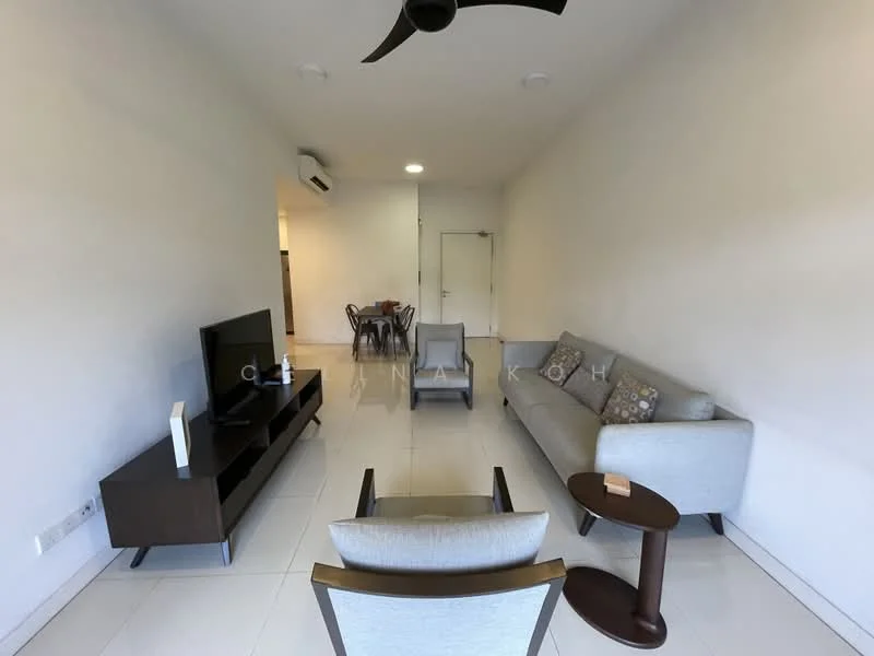 Living features: 3-seater fabric sofa in light grey, 2-seater armchair in light grey, wooden coffee table, TV console in dark wood, wall-mounted TV, area rug, recessed downlights, white painted walls, tile flooring, ceiling fan; style: modern.