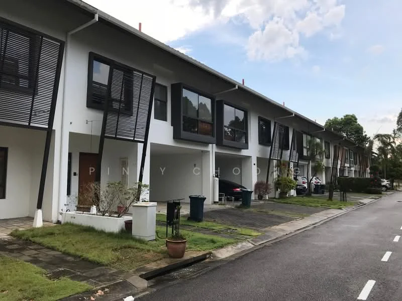 Exterior type: linked terrace house; features: white painted facade, horizontal wooden slats on windows, manicured lawn, stone-paved walkway, driveway with interlocking pavers, two-storey structure, multiple parking spaces, surrounded by greenery; style: modern.