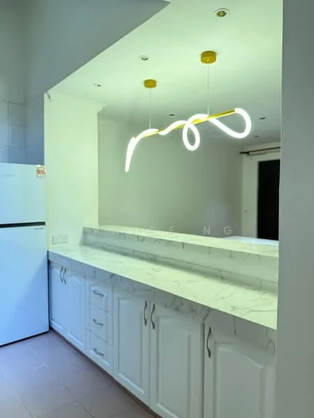 Kitchen features: white shaker cabinets, marble countertop, stainless-steel fridge, pendant light with yellow accents, tile flooring, wall-mounted cabinets, open shelving, double-basin sink; style: modern.