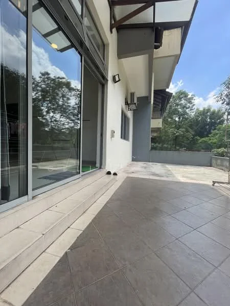 Room features: large sliding glass door, grey tiled flooring, exposed beams on ceiling, wall-mounted split AC unit, outdoor terrace area, greenery view, white painted walls, step-down entry; style: modern; view: garden.