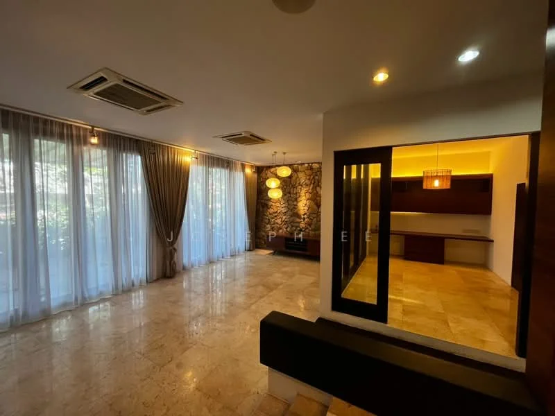 Living features: marble flooring, floor-to-ceiling windows, sheer curtains, recessed downlights, 3 pendant lights, stone accent wall, wall-mounted shelving, open layout to kitchen, air conditioning units; style: modern; view: garden. Kitchen features: open kitchen layout, wood cabinetry, countertop, built-in appliances; style: modern.