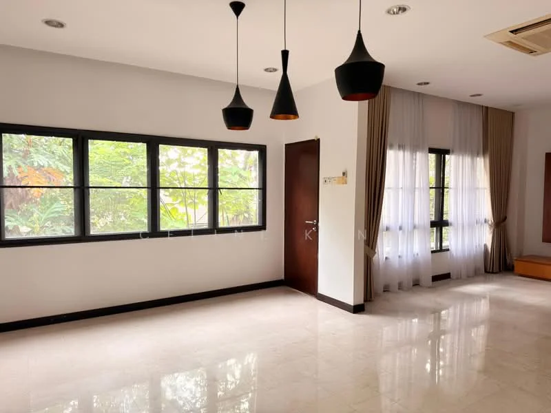 Living features: white painted walls, marble tile flooring, 5-blade ceiling fan, 3 pendant lights in black and orange, floor-to-ceiling windows, sheer curtains, dark wood door, window with garden view; style: modern; view: garden.