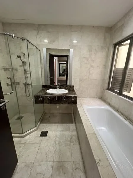 Bathroom features: marble tile flooring, cream marble wall tiles, glass shower enclosure, chrome shower fixtures, single-bowl sink, granite countertop, mirror above sink, built-in bathtub, window with horizontal slats; style: modern.