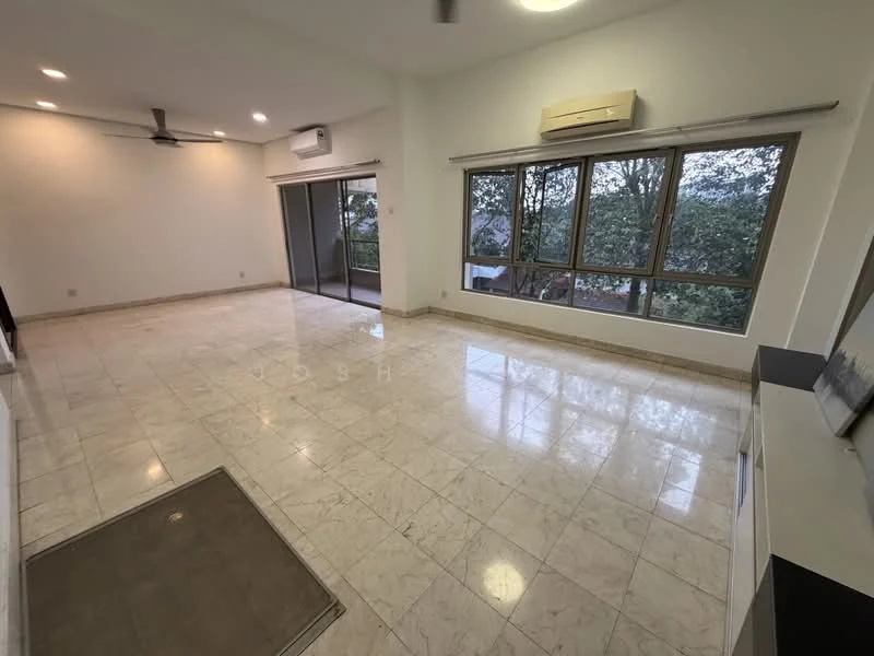 Living features: marble tile flooring, white painted walls, recessed downlights, 5-blade ceiling fan, floor-to-ceiling windows, sliding glass door, air conditioning unit, balcony access, neutral color scheme; style: modern; view: garden.