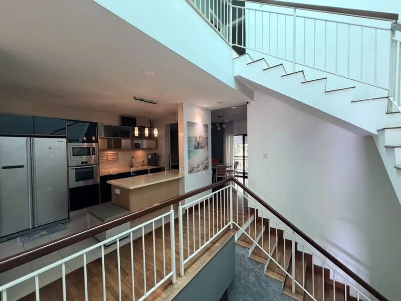Kitchen features: stainless-steel fridge, built-in oven, microwave, black cabinetry, white countertop, pendant lighting, open shelving, kitchen island; style: modern. Living features: wooden flooring, large windows, ceiling fan, wall-mounted artwork, open layout; style: modern. Room features: staircase with wooden railing, white walls, natural light.