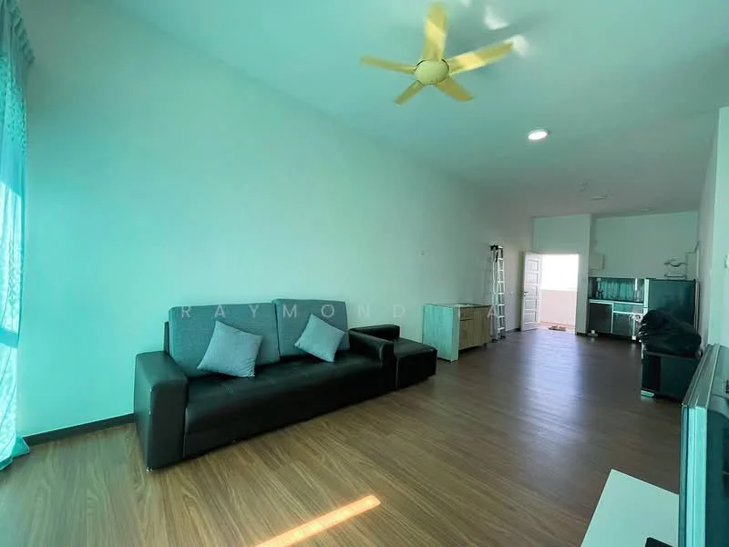 Living features: 3-seater fabric sofa in black, 2 grey throw pillows, wooden flooring, ceiling fan with light, large window with sheer curtains, TV console, wall-mounted TV, open layout to kitchen, natural light from window, light-colored walls; style: modern.