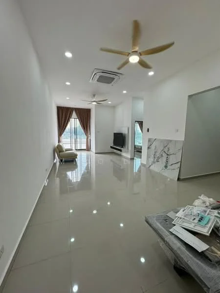Living features: white painted walls, polished floor tiles, 5-blade ceiling fan with light, recessed LED downlights, floor-to-ceiling windows, curtains, wall-mounted TV, sofa, air conditioning unit; style: modern; view: city.