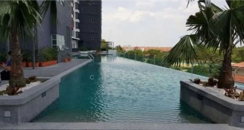 Exterior type: high-rise condominium; features: infinity pool, pool deck with loungers, palm trees, landscaped planters, glass railing, view of surrounding greenery; style: modern.