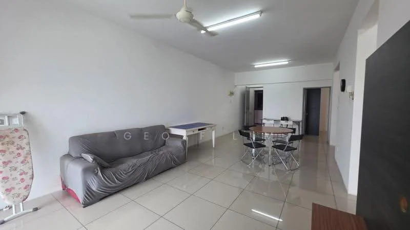 Living features: grey fabric sofa, 4-seater dining table, plastic dining chairs, white walls, glossy tile flooring, ceiling fan, recessed lighting, open layout, window with natural light; style: modern.