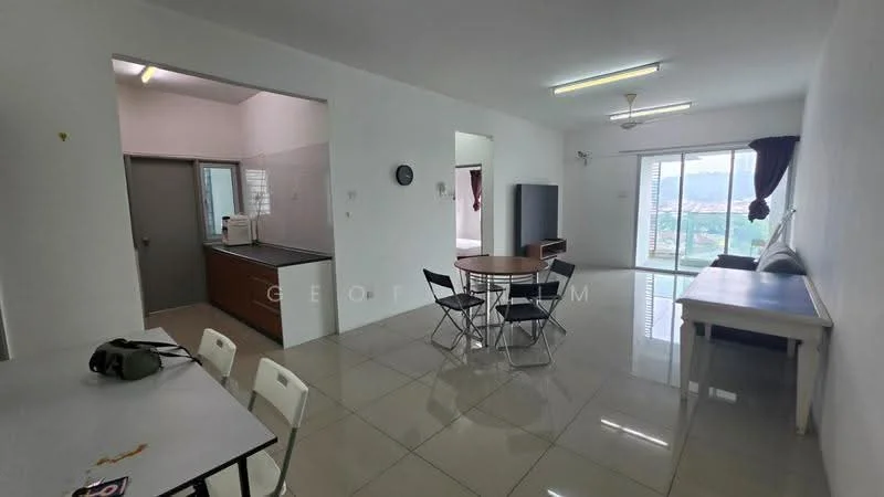Living features: glossy tile flooring, white painted walls, ceiling fan, large sliding glass door, dining table with four chairs, TV console, wall-mounted TV, sofa, natural light from windows, decorative wall clock; style: modern; view: city. Kitchen features: brown wooden cabinetry, black countertop, stainless-steel sink, built-in stove, white tiled backsplash, recessed lighting; style: modern.