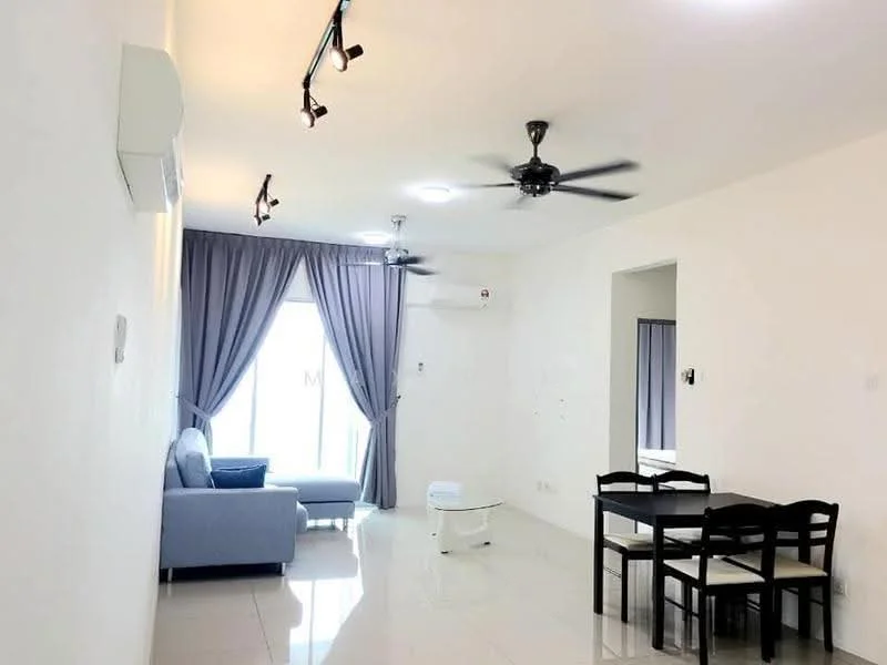 Living features: grey fabric sofa, 3-blade ceiling fan, recessed LED downlights, floor-to-ceiling windows, sheer curtains, white painted walls, glossy tile flooring, black dining table with four chairs; style: modern.