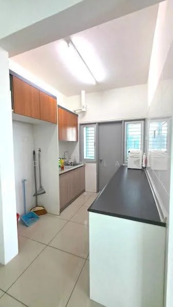 Kitchen features: grey cabinetry, wooden upper cabinets, black countertop, stainless-steel sink, chrome faucet, built-in stove, tile backsplash, white tiled walls, glossy floor tiles, window with metal grille, open shelving, cleaning tools storage area; style: modern.