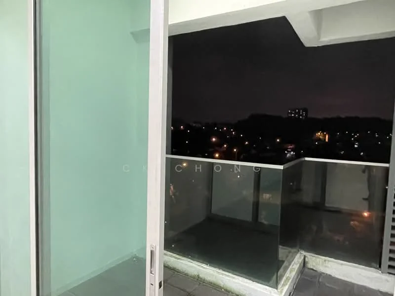 Room features: glass sliding door, green painted walls, grey tiled flooring, balcony with glass railing, city view, nighttime lighting; style: modern; view: city.