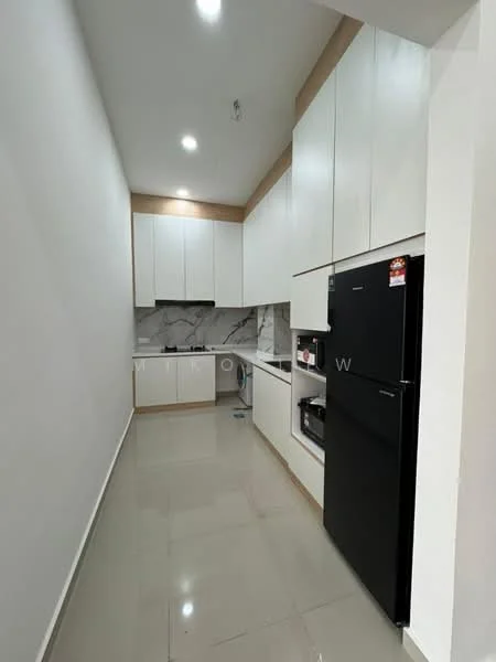 Kitchen features: white cabinetry, black refrigerator, built-in oven, microwave, stainless-steel sink, chrome faucet, ceramic tile flooring, recessed downlights, grey marble backsplash, countertop with overhang, washer/dryer unit, open layout; style: modern.
