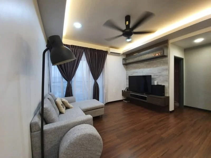 Living features: grey fabric sofa, ceiling fan with light, wooden flooring, wall-mounted TV, TV console in dark wood, recessed lighting, curtains in dark brown, decorative wall paneling, floor-to-ceiling windows, light-colored walls, area rug; style: modern; view: city.