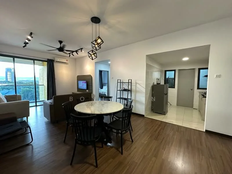Living features: 5-blade ceiling fan with light, recessed LED downlights, sofa in beige fabric, coffee table with marble top, TV console, wall-mounted TV, area rug, floor-to-ceiling windows, sliding glass door, view of city skyline; style: modern; view: city. Dining features: 6-seater round dining table with marble top, black dining chairs, decorative pendant lighting; style: modern. Kitchen features: fridge, built-in cabinets, countertop, sink, stove, tile backsplash; style: modern.