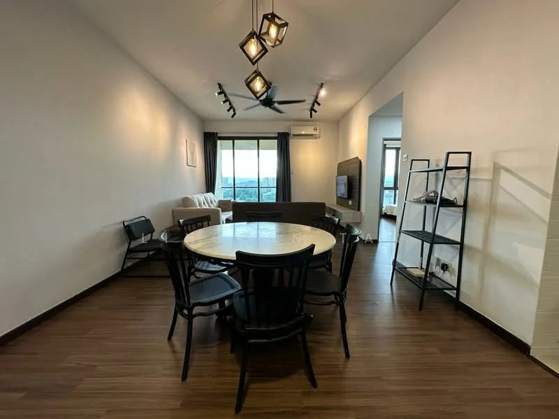 Dining features: round dining table, 6 black dining chairs, wooden flooring, 5-blade ceiling fan with light, recessed LED downlights, large window with city view, wall-mounted TV, decorative wall art, open shelving unit, sofa in adjacent living area; style: modern; view: city.