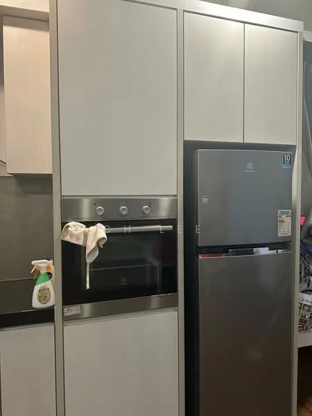 Kitchen features: stainless-steel fridge, built-in oven, white cabinetry, black countertop, cleaning spray bottle, kitchen towel, modern design, integrated handles; style: modern.