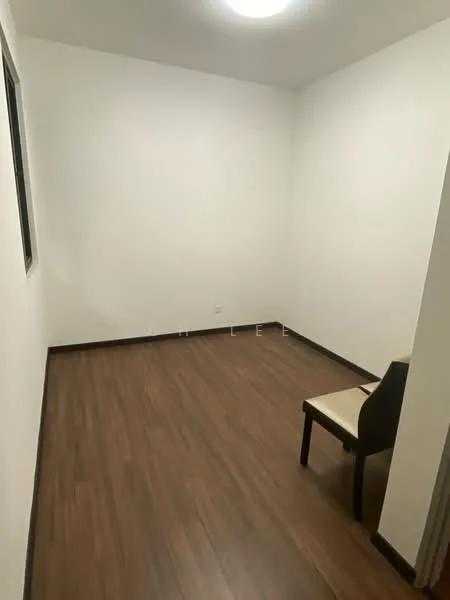 Room features: white painted walls, laminate flooring, single chair, ceiling light fixture.