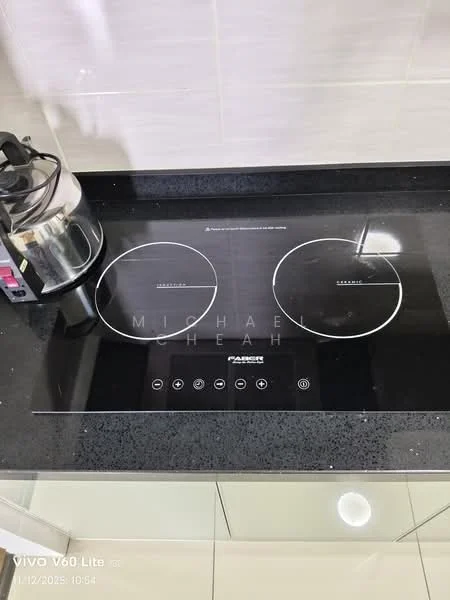 Kitchen features: black granite countertop, induction cooktop with two burners, stainless-steel kettle, control panel with touch buttons, white tiled backsplash, under-cabinet lighting, modern cabinetry, open shelving; style: modern.