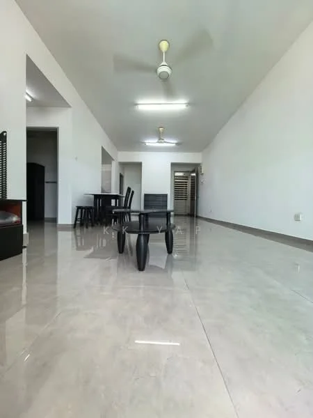 Living features: polished marble flooring, white painted walls, ceiling fan with light, recessed downlights, dining table with chairs, open layout, large windows, neutral color scheme; style: modern.