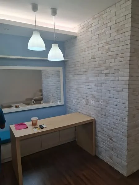 Study features: light wood desk, white brick accent wall, blue painted walls, mirror above desk, two pendant lights, laminate flooring, decorative shelf above desk, window seat with cushion; style: modern.