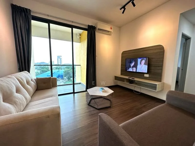 Living features: 3-seater fabric sofa in beige, 2-seater fabric sofa in grey, coffee table with geometric design, wall-mounted TV, TV console, floor-to-ceiling windows, sliding glass door, curtains, wood laminate flooring, recessed downlights, air conditioning unit; style: modern; view: city.