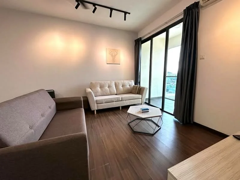Living features: 2-seater fabric sofa in beige, 3-seater fabric sofa in grey, coffee table with geometric design, wooden flooring, floor-to-ceiling sliding glass door, curtains in dark grey, track lighting, wall-mounted artwork; style: modern; view: city.
